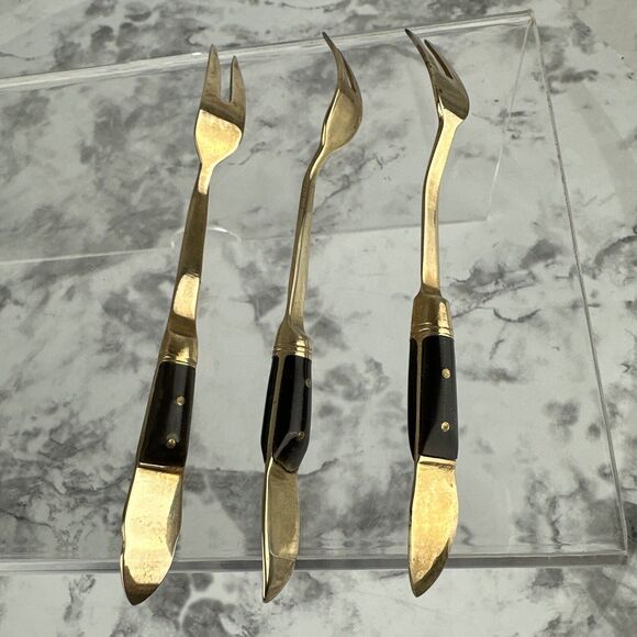 Vintage Mid Century Modern Siam Appetizer Forks 9 Piece Brass Thailand Buddha - Picture 7 of 8